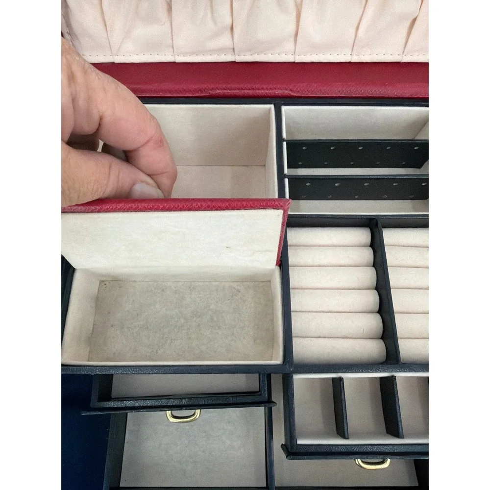 Vtg Large Red Leather Jewelry Box Organizer Multi Drawer Storage Chest Mirror